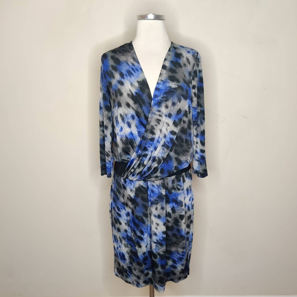 Evan Picone Dress Blue Black‎ Animal Print Faux Wrap